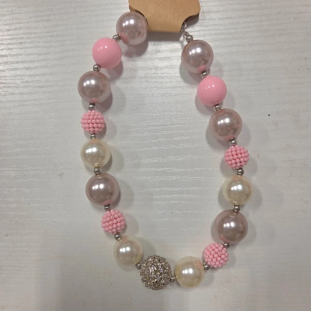 Pink Chunky Bubblegum Bead Necklace Faux Pearl Rhinestone Disco Ball Statement
